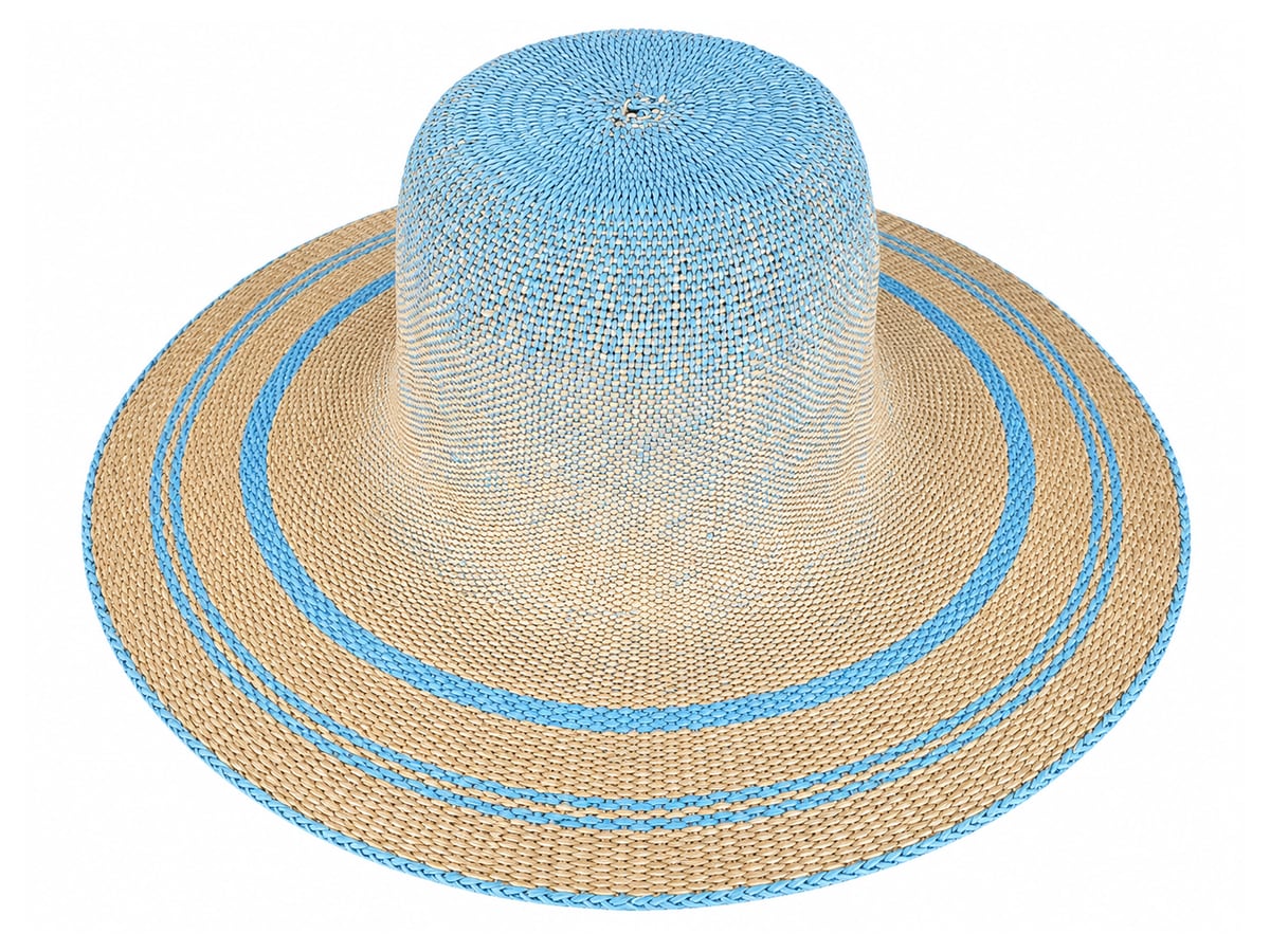Blue Ombre Paper Hat Body with Striped Beige Brim | product photo