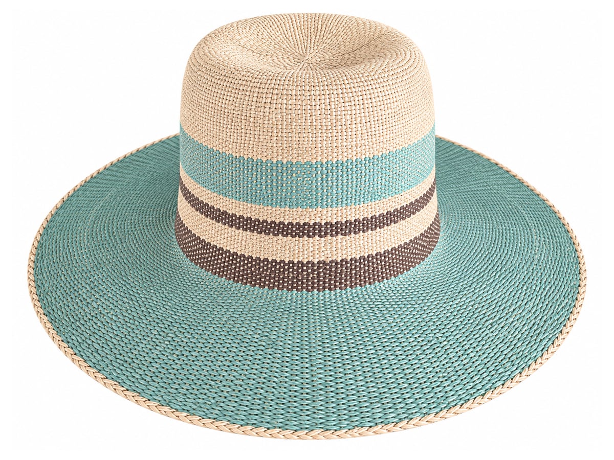 Tan Paper Hat Body with Aqua Brim and Striped Crown | product photo